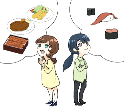 好きな食べ物を思い浮かべている女の子たちの図